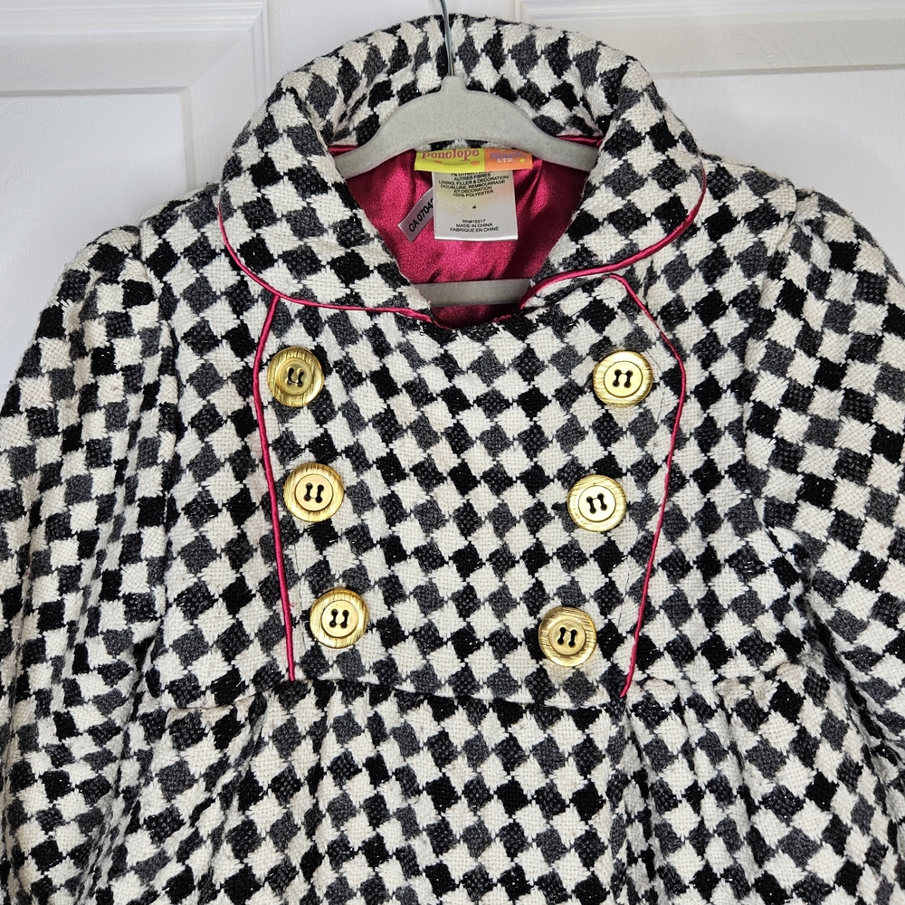 Penelope Mack Girls Black Cream Checkered Pea Coat Fuschia Pink Accents Size 4